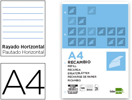 Recambio Liderpapel A4 120h 70g/m² raya horizontal 4 taladros banda 5 colores